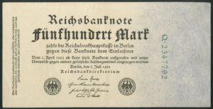 Germany, Reichsbanknote, 500 mark, 7th July 1922, 7 digit green # (Pick 74b), GEF