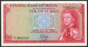 Malta, Central Bank, 10 shillings, (1968), Pick 28a, UNC