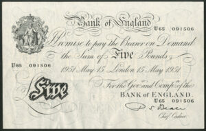 Bank of England, P.S. Beale, £5, 15 May 1951, series U65, VF