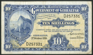 Gibraltar, Government, 10 shillings, 3rd Oct. 1958, Pick 17, F-VF