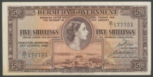 Bermuda, Government, 5 shillings, 20th October 1952, Pick 18a, VF-EF