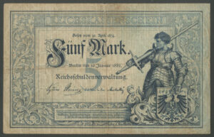 Germany, Imperial Treasury Note, 5 mark, 10-1-1882 (Pick 4), #B 720355. GF
