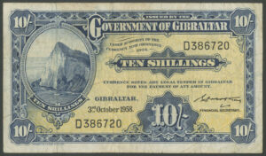 Gibraltar, Government, 10 shillings, 3rd Oct. 1958, Pick 14b, F-VF