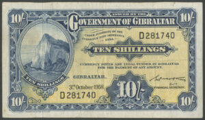 Gibraltar, Government, 10 shillings, 3rd Oct. 1958, Pick 14b, VF