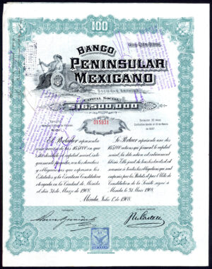 Mexico, Banco Peninsular Mexicano, 100 peso share, 1908