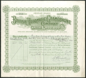 Great Britain: British Automatic Gramophone Company Limited, 5 shilling shares, 19[31]