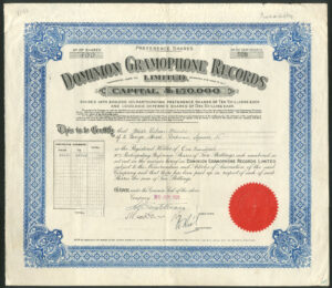 Dominion Gramophone Records Ltd., 10/- Preference shares, 1928