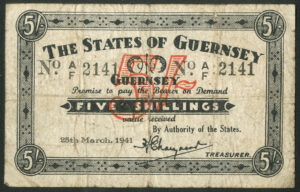 Guernsey, German Occupation, 5/-, 25-3-1941, series A/F (BNYB GU28a). VG