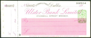 Ulster Bank Limited, Dublin, O'Connell Street branch, unused cheque,1940