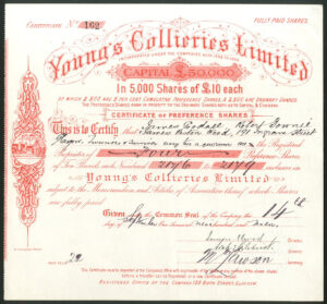Young's Collieries Limited, Scotland, £10 preference shares, 1907