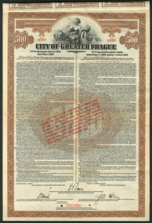 Czechoslovakia, City of Greater Prague, 7½% Mortgage Loan, 1922, specimen $500