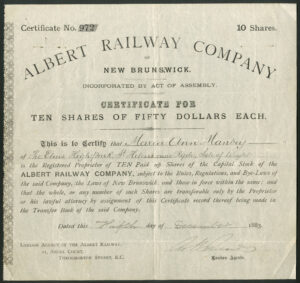 Canada: Albert Railway Company of New Brunswick, 10 shares of $50, London Agency 1883