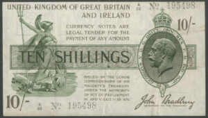 Treasury, John S. Bradbury - 3rd issue, 10 shillings, (1918), A/38 195498, EPM T17, AVF