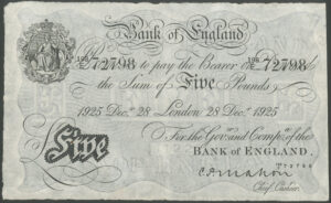 Bank of England, C.P. Mahon, 5 pounds, 28 Dec. 1925, EPM B215, VF