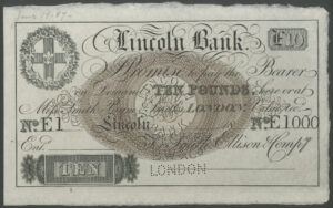 Lincoln Bank, Smith, Ellison & Company, £10 specimen, 18-(c.1887), Bradbury Wilkinson, EF