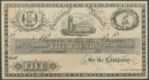 Lincoln and Lindsey Banking Company, £5, 18-, Gainsborough, proof, EF