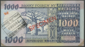 Madagascar, Banque Centrale, Specimen 1000 francs, (1974-75), Pick 65s, AUNC - Image 2