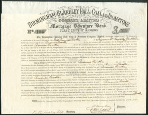 Birmingham (Blakeley Hall) Coal and Ironstone Co. Ltd., £25 mortgage bond, 1873