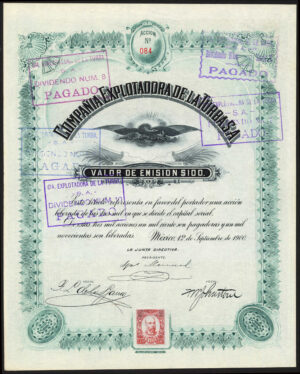 Mexico, Compañia Explotadora de la Turba S.A., $100 share, 1900