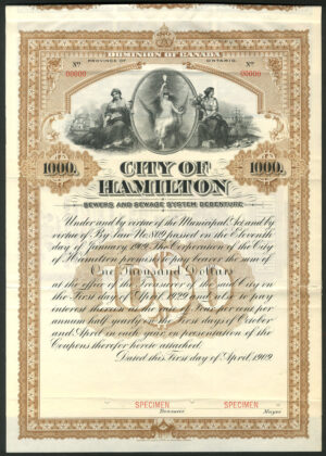 Canada: City of Hamilton, Ontario, Sewers and Sewage System debenture, specimen $1000, 1909