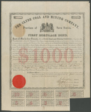 Canada: Clyde Coal and Mining Company, Nova Scotia, First Mortgage Bond for $1000, 1867