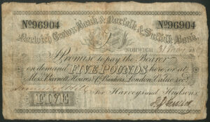 Norwich Crown Bank & Norfolk & Suffolk Bank (Harvey & Hudsons), £5, 1867.