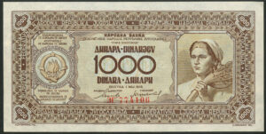 Yugoslavia, Narodna Bank, 1000 dinara, 1-5-1946, no security thread (Pick 67a), AUNC