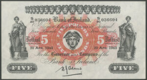 Northern Ireland, Bank of Ireland, 5 pounds, 20th April 1943, BNYB NI211c, EF