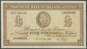 Northern Ireland, Provincial Bank of Ireland Ltd., 5 pounds, 5th Oct. 1954, BNYB NI714a, Near EF