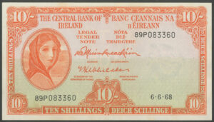 Ireland, Central Bank of Ireland, 10 shillings, 6-6-68, BNYB E074, UNC