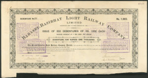India: Baraset-Basirhat Light Railway Co. Ltd., 7% debenture for 1000 rupees, 1921