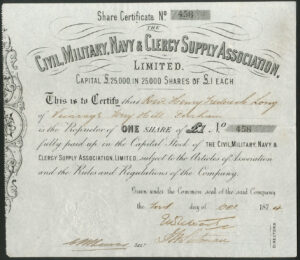 Civil, Military, Navy & Clergy Supply Association Ltd., £1 shares, 1874