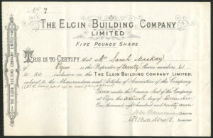 Elgin Building Company Limited, £5 shares, 1897