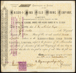 India: Kaiser-I-Hind Gold Mining Company Limited, 25 rupee shares, 1881