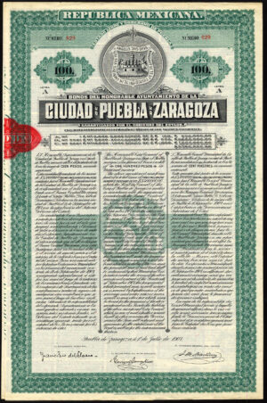 Mexico: City of Puebla de Zaragoza, 1907 Loan, 100 peso bond, EF