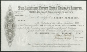 Sheffield Patent Brick Company Limited, £10 share, 1874