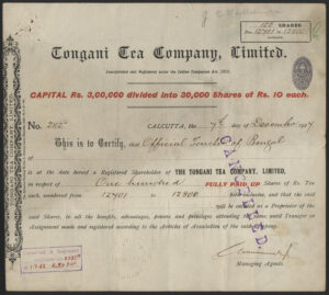 India: Tongani Tea Company Limited, 10 rupee shares, 1927