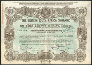 Mozambique/Rhodesia: Beira Railway Co. Ltd., 50 shares, 1930's, issued by The British South Africa Company