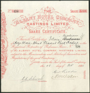 Great Britain: Albany Hotel Company Hastings Limited, £10 preference share, 1891