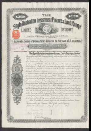 Australia: Anglo-Australian Investment, Finance & Land Company Limited, £100 debenture, 1890