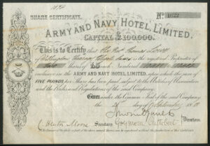 Great Britain: Army and Navy Hotel Limited, £5 shares, 1882
