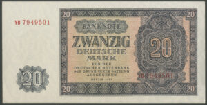 German Democratic Republic, Deutschen Notenbank, 20 Deutsche Mark, 1955 (Pick 19a), UNC
