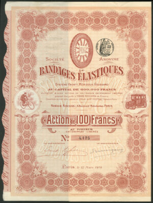 France: Société Anonyme de Bandages Élastiques, 100 franc share, Paris 1908
