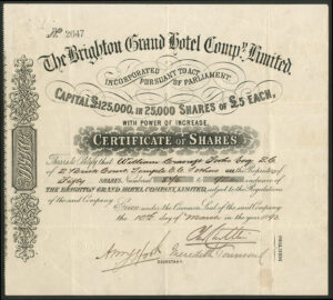 Great Britain: Brighton Grand Hotel Company Limited, £5 shares, 1893