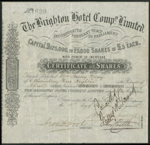 Great Britain: Brighton Hotel Company Limited, £5 shares, 1882 - Image 1