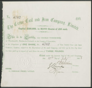 Crewe Coal and Iron Co. Ltd., £10 share, £3 paid, 1866