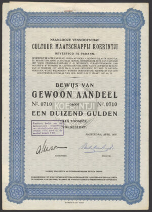 Netherlands Indies: Cultuur Maatschappij Koerintji, pair of certificates, 1937 - Image 2