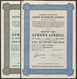 Netherlands Indies: Cultuur Maatschappij Koerintji, pair of certificates, 1937