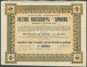 Netherlands Indies: Cultuur Maatschappij "Sambawa", 100 gulden share, Bandoeng 1914