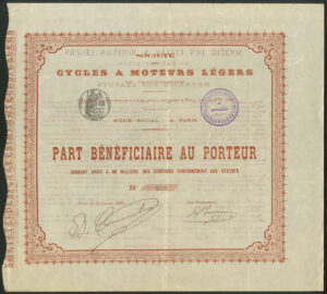 France: Société des Cycles a Moteurs Légers, part bénéficiaire, Paris 1896